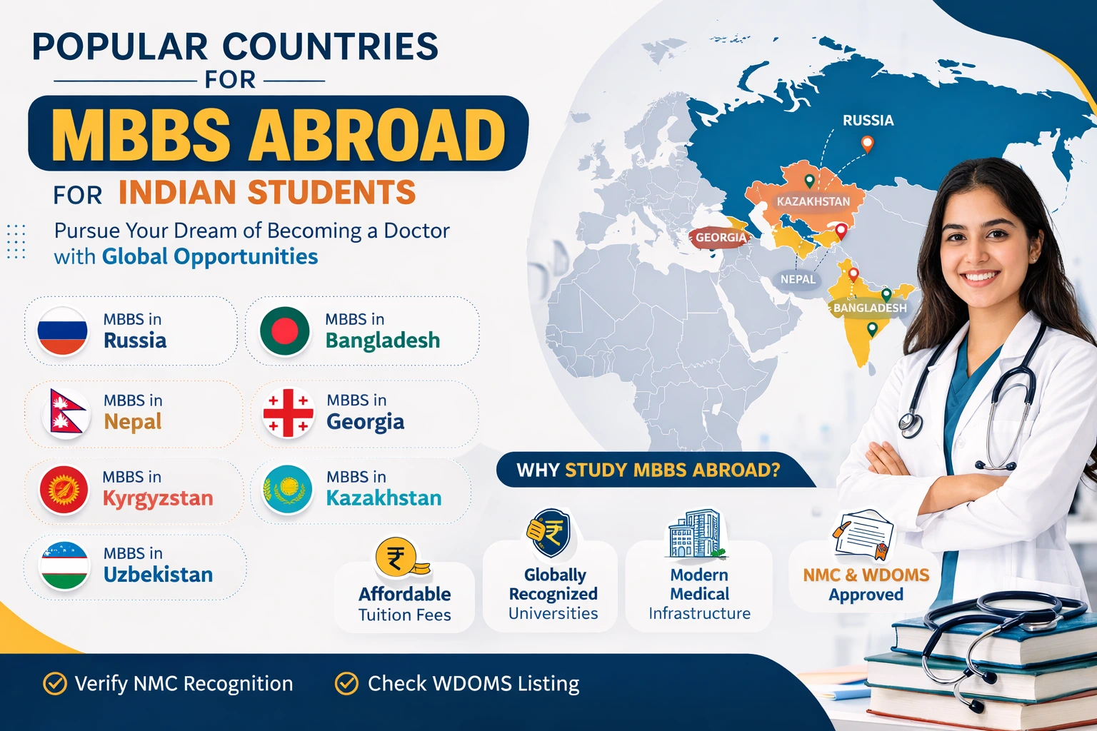Popular countries for MBBS abroad for Indian students including Russia, Bangladesh, Nepal, Georgia, Kyrgyzstan, Kazakhstan and Uzbekistan infographic